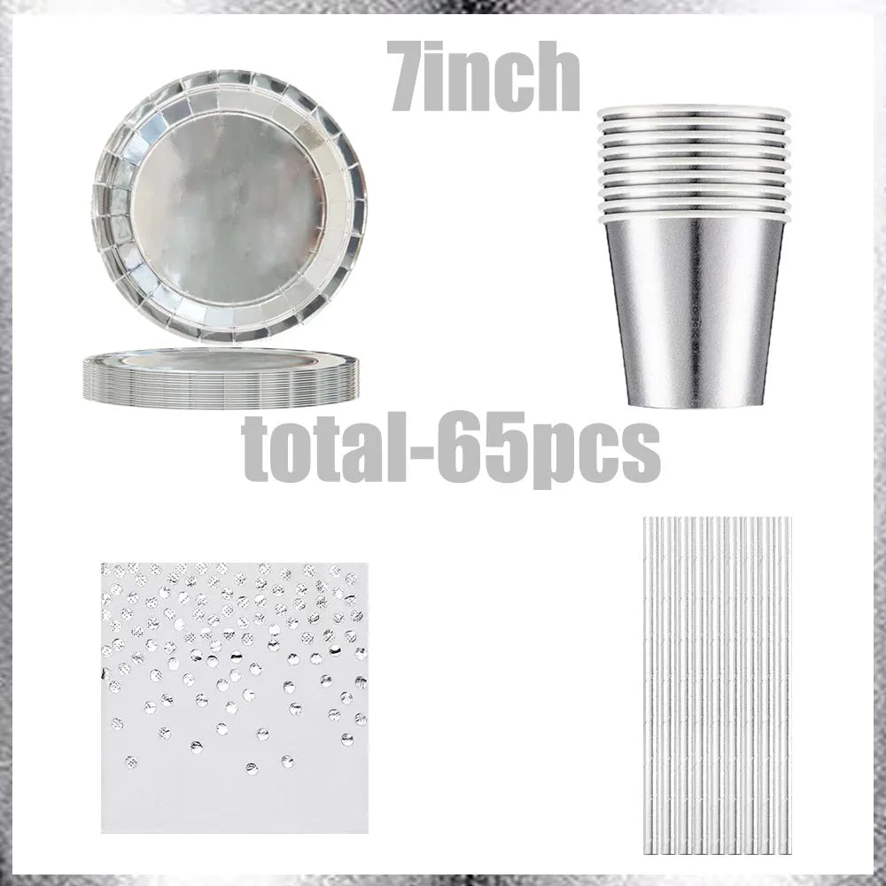 Birthday Party Decor Silver Paper Plates Banner Tablecloth Disposable Tableware Set Baby Shower Wedding Bachelor Party Supplies Good Vibrations