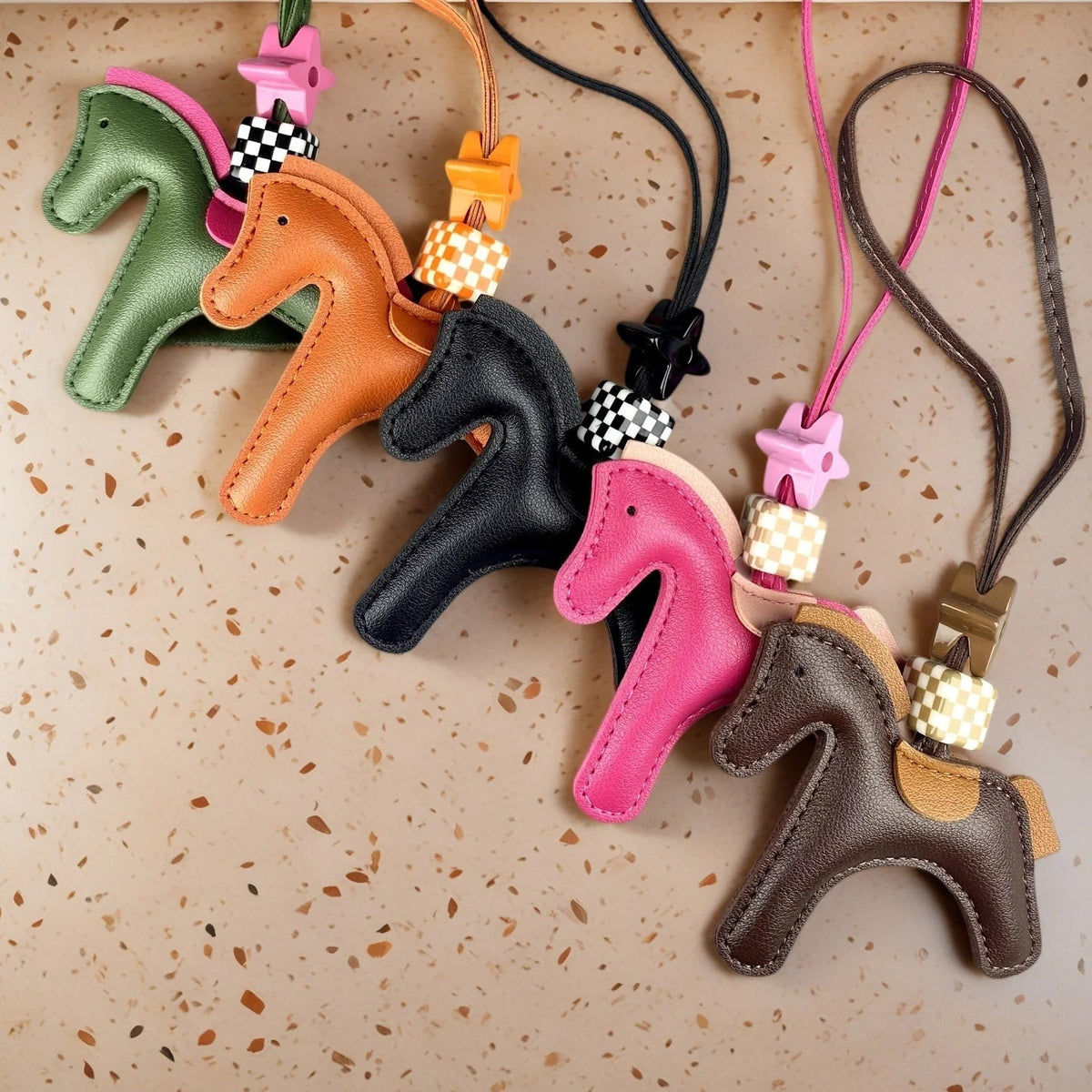 Chic PU Leather Pony Bag Charm, Lucky Clover & Checkered Bead Pendant, Y2K Boho Purse Accessory, Gift for Her Good Vibrations