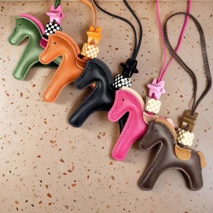 Chic PU Leather Pony Bag Charm, Lucky Clover & Checkered Bead Pendant, Y2K Boho Purse Accessory, Gift for Her Good Vibrations