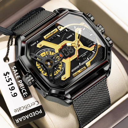 POEDAGAR Top Fashion Men Clock Rectangle Waterproof Date Week LED Man Watch Electronic Mesh Stainless Steel Quartz Men's Watches Good Vibrations