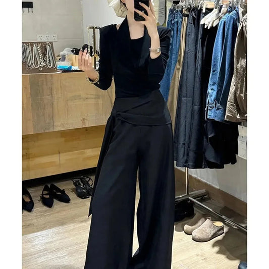 Women's 2-Piece Set: Wrap-Front Long-Sleeve Top Wide-Leg Pants Good Vibrations
