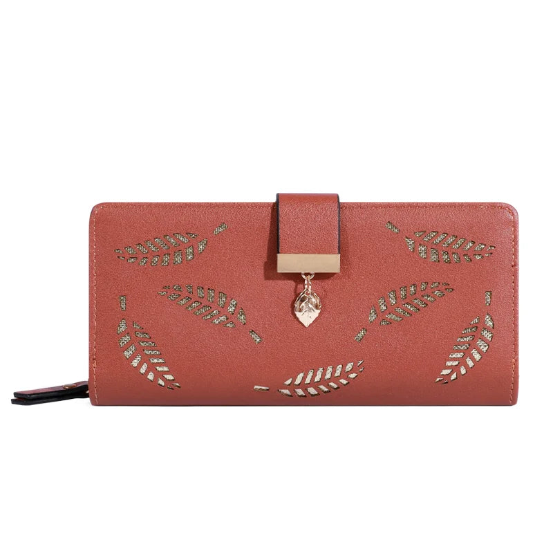 Women Wallet PU Leather Purse Female Long Wallet Gold Hollow Leaves Pouch Handbag For Women Coin Purse Card Holders Clutch Good Vibrations