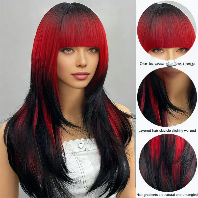 Wigs for women long straight hair heat-resistant synthetic fiber 25 inches black and red abalone head with bangs full wig Good Vibrations