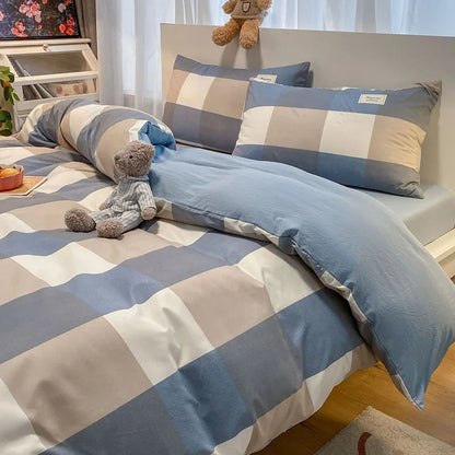 European Bedding Set with Checkered Print Comfortable Breathable Fitted Sheet Duvet Cover Pillowcase Single Queen Size Bed Linen Good Vibrations