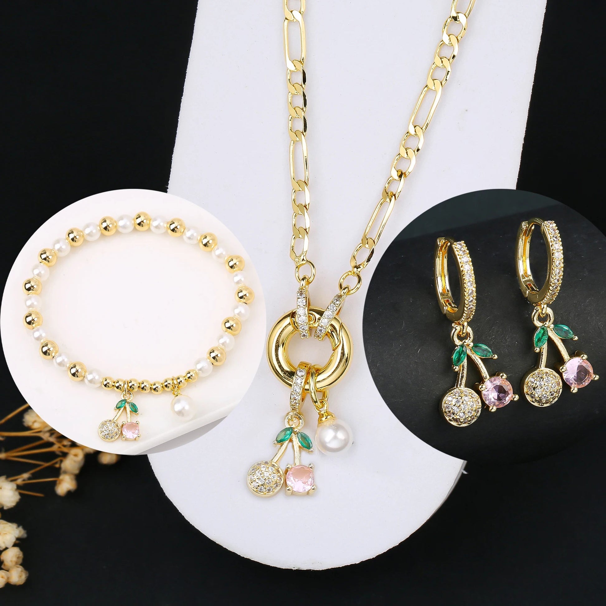 3pcs Hot Sale Shiny Zirconia Crystal Cherry Necklace Bracelet Earrings Jewelry Set Fashion for Woman Girl Wedding Lucky Jewelry Good Vibrations Adult Super Store