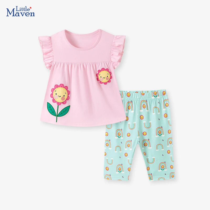 Little maven Kids Clothes Children's Clothing Baby Girls 2026 Tracksuit Summer Cotton Sets Cartoon Flowers T Shirts Tops+Pants Good Vibrations