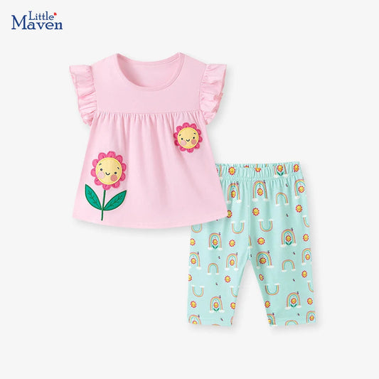Little maven Kids Clothes Children's Clothing Baby Girls 2026 Tracksuit Summer Cotton Sets Cartoon Flowers T Shirts Tops+Pants Good Vibrations