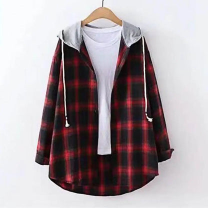 Autumn Women Shirts Hoodie Coat Plaid Print Loose Hooded Long Sleeves Drawstring Cardigan Single-breasted Buttons Spring Jacket Good Vibrations