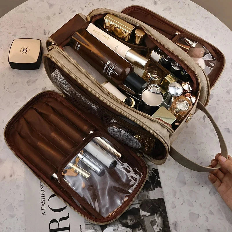 Multifunctional Makeup Bag For Women PU Leather Large Capacity Portable Double Zipper Travel Makeup Brush Toiletries Storage Bag Good Vibrations