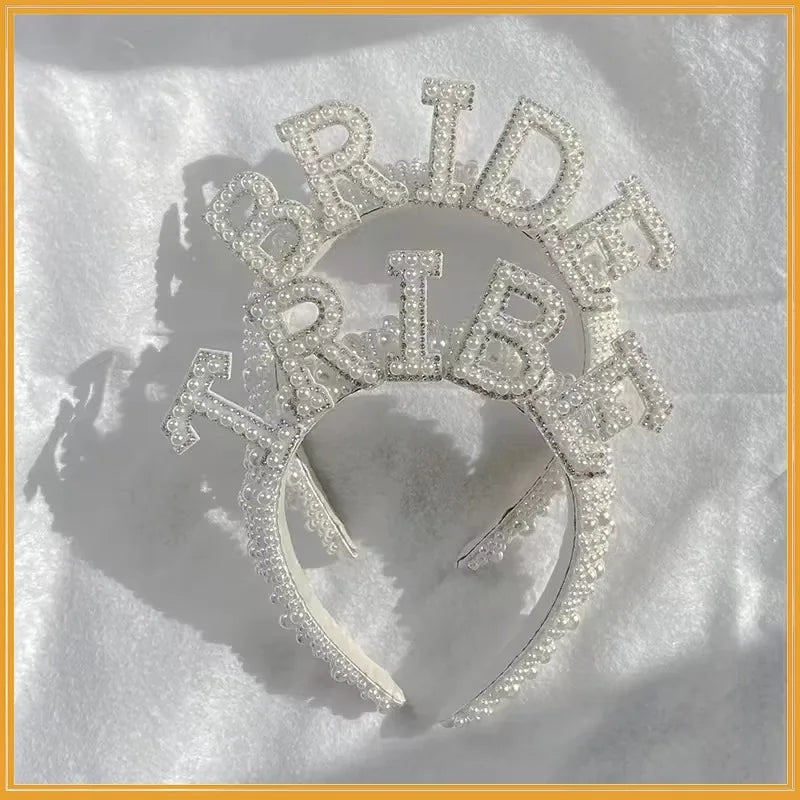 Bride to be Pearl crown Headband Bach Bachelorette hen Party Bridal Shower wedding engagement rehearsal dinner Decoration Gift Good Vibrations