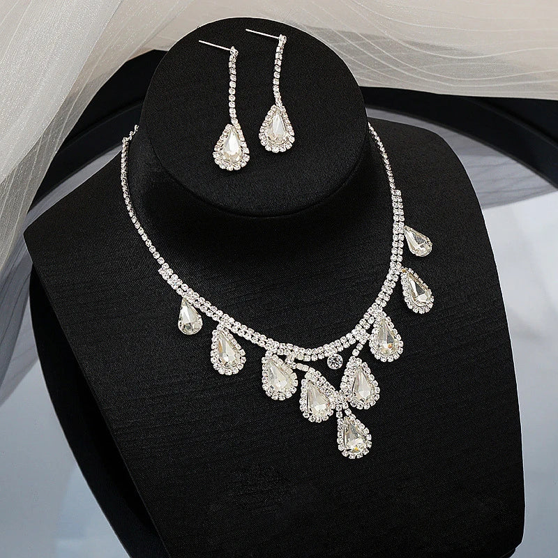 Bridal Wedding Jewelry Women Silver-Plated Rhinestone Long Earrings Dress Accessories Bridesmaid Delicate Crystal Necklace Set Good Vibrations Adult Super Store