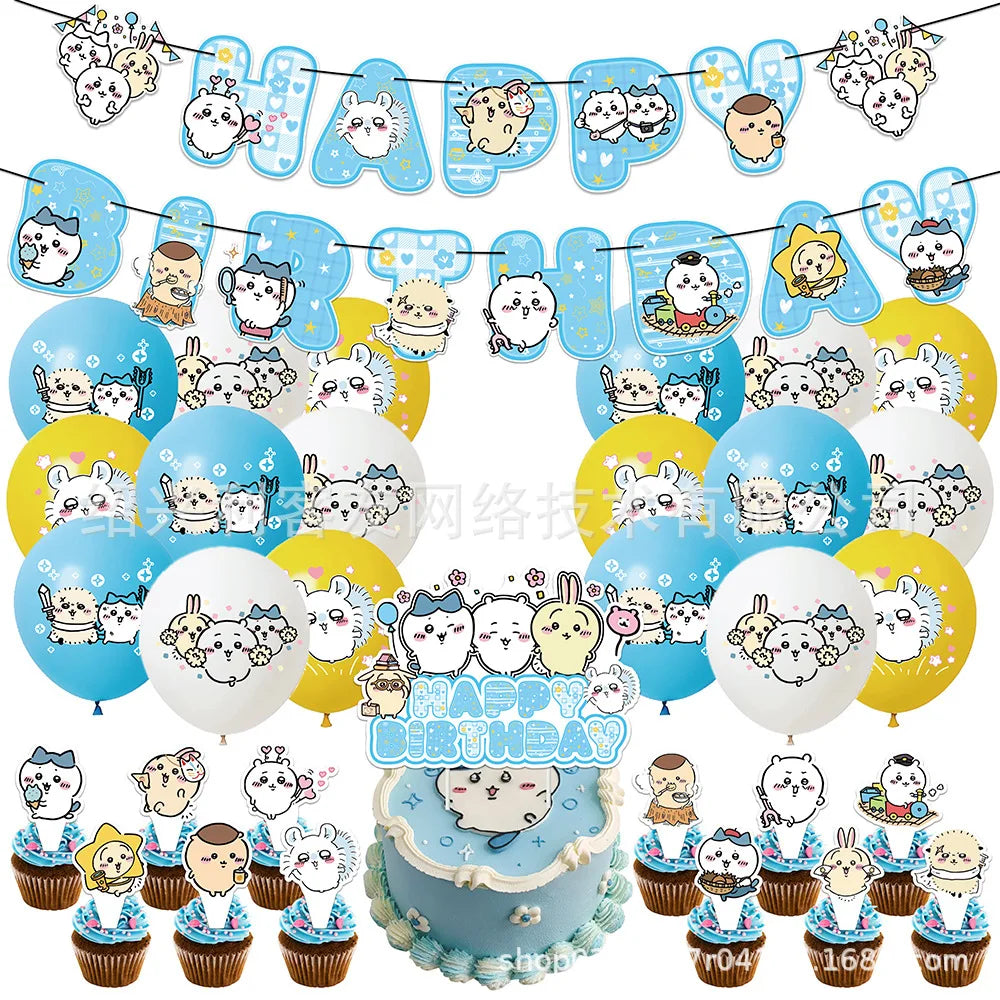 yiji Birthday Party Supplies Set Cartoon Tableware Decorations with Balloons Plates Cups Banner Cake Toppers Kids Gift Good Vibrations