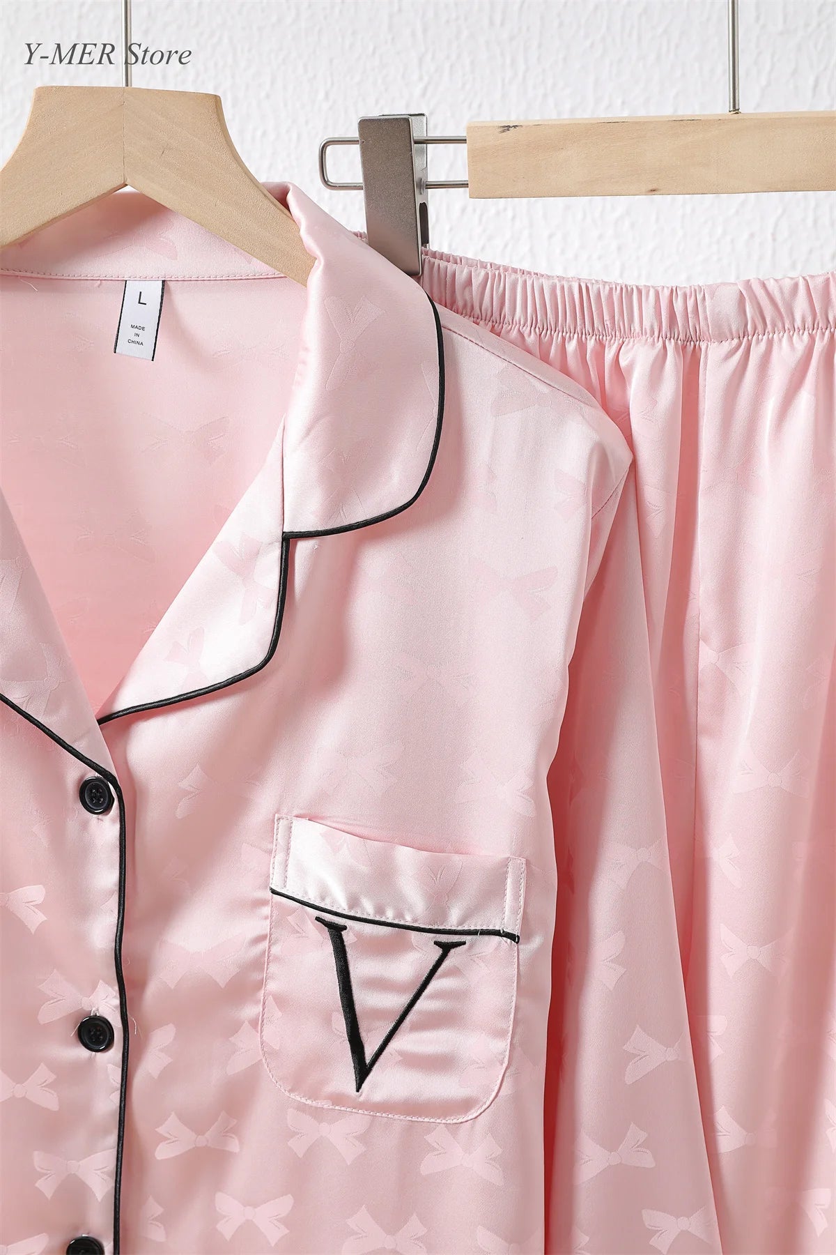Pink Pajamas Set Bow Print 2Piece Set Women Rayon Homewear Long Sleeve Trousers Suit Lapel Loungewear Nightwear Casual Outfit Good Vibrations