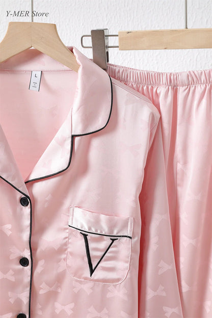 Pink Pajamas Set Bow Print 2Piece Set Women Rayon Homewear Long Sleeve Trousers Suit Lapel Loungewear Nightwear Casual Outfit Good Vibrations