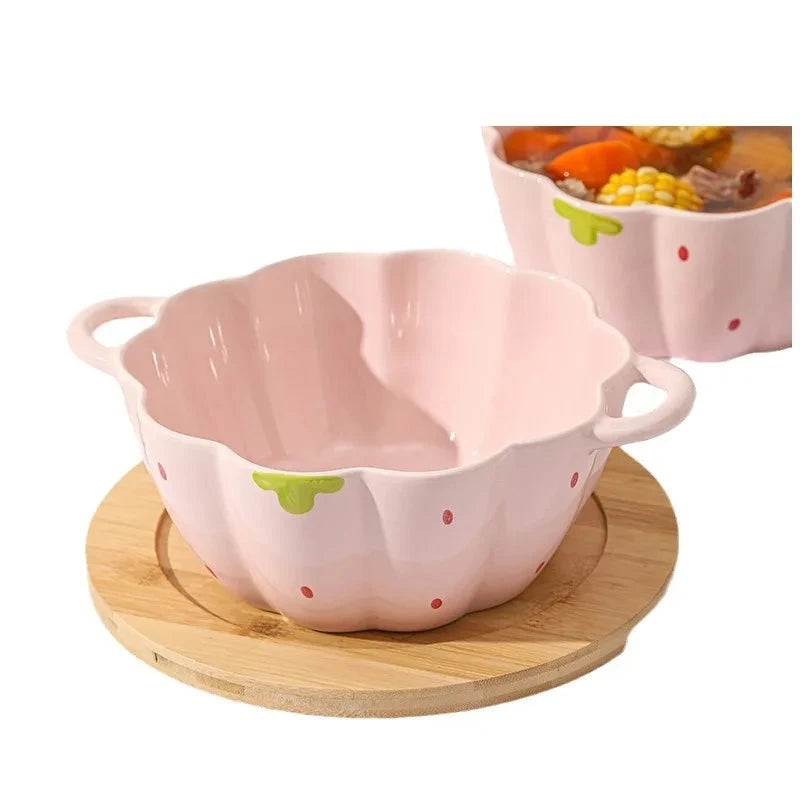 Cute Strawberry Ceramic Bowl Set For Home Use High Aesthetic Instant Noodles Salad Dessert Dining Tableware Kitchen Supplies Good Vibrations