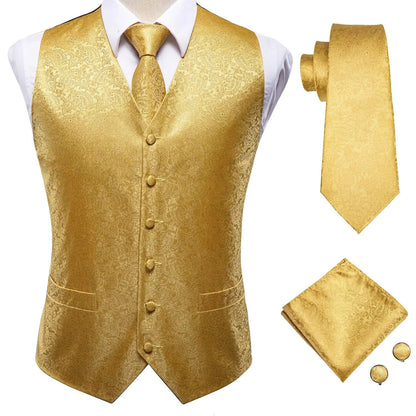 Hi-Tie Black Men Silk Vest Paisley Jacquard Necktie Hankerchief Cufflinks Sets Male Sleeveless V-Neck Waistcoat Business Formal Good Vibrations