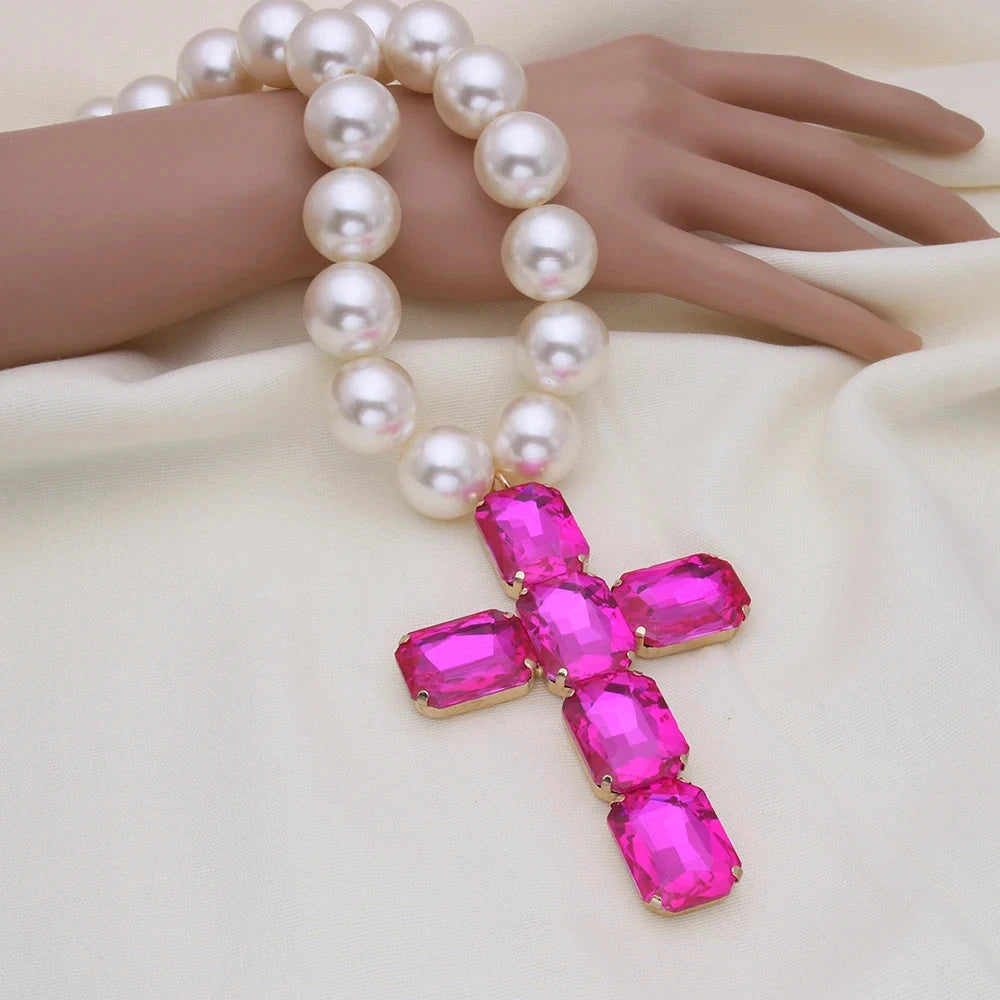 Fashionable and exaggerated large glass cross necklace pendant, luxurious Christmas gift jewelry Good Vibrations