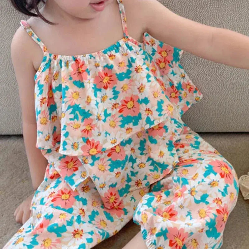 2024 Summer New baby Girls' Suits Cute Floral Vest And Anti-Mosquito Pants Children Clothing Sets Fashion Kids Outfit Good Vibrations