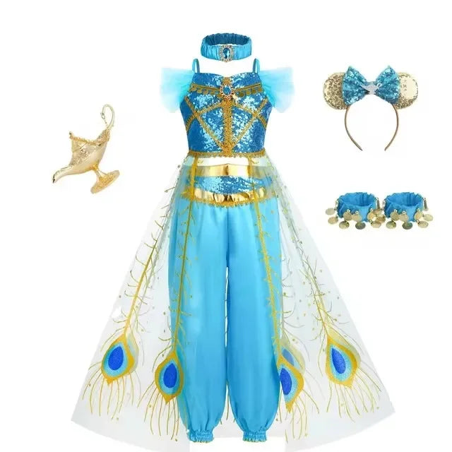 Jasmine Girls Aladdin Costume Halloween Princess Dress Kids Birthday Party Christmas Arabian Cosplay 4 5 6 7 8 9 10 Years Good Vibrations