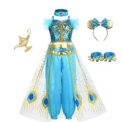 Jasmine Girls Aladdin Costume Halloween Princess Dress Kids Birthday Party Christmas Arabian Cosplay 4 5 6 7 8 9 10 Years Good Vibrations