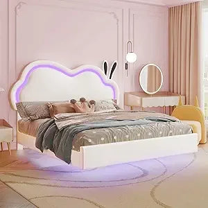 Jocisland Twin LED Bed Frame for Girls Upholstered Floating Bed with Cute Cloud Headboard, No Box Spring Needed, Leather, Pink Good Vibrations