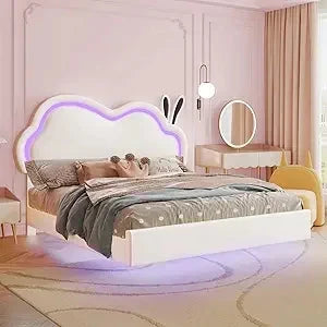 Jocisland Twin LED Bed Frame for Girls Upholstered Floating Bed with Cute Cloud Headboard, No Box Spring Needed, Leather, Pink Good Vibrations