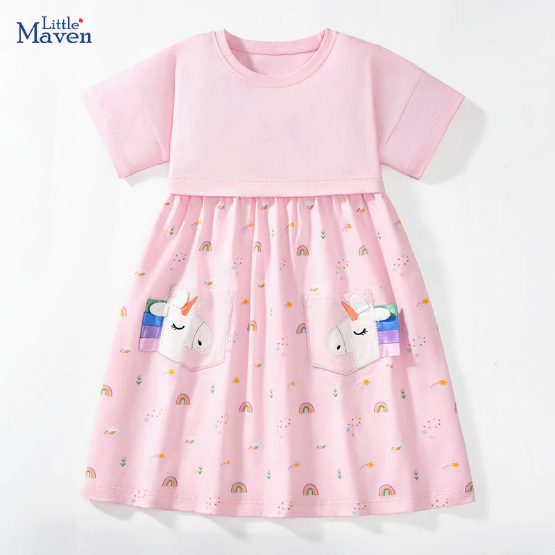 Little maven Children's Clothing Baby Girls 2025 Summer Embroidered Cartoon Casual Unicorns Dresses Pink Dresses Kids Clothes Good Vibrations