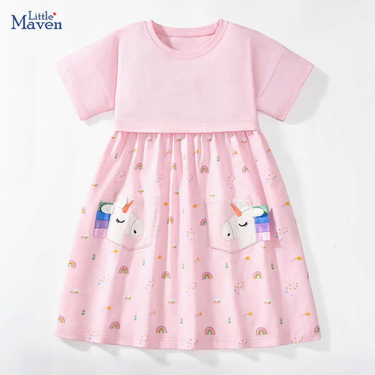 Little maven Children's Clothing Baby Girls 2025 Summer Embroidered Cartoon Casual Unicorns Dresses Pink Dresses Kids Clothes Good Vibrations