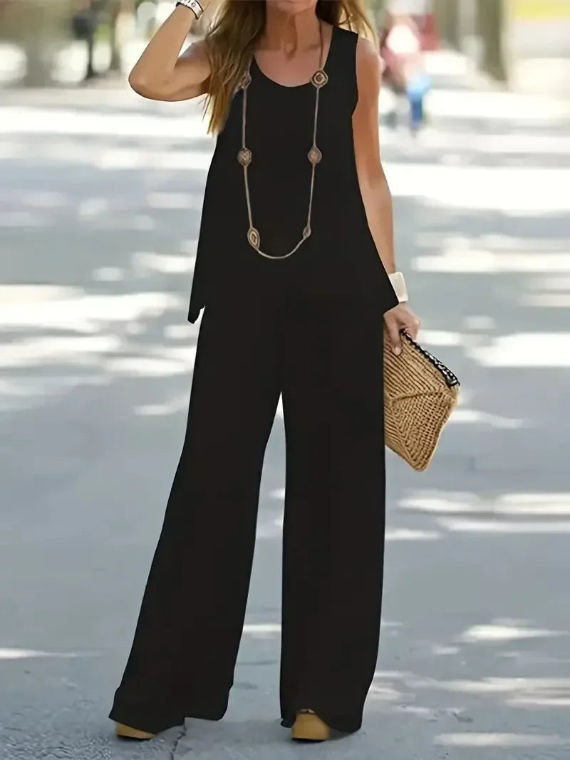 1XL-8XL Plus Size Women's Casual Outfits Two Piece Set Solid Round Neck Tank Top  Wide Leg Pants Outfits 2 Piece Set Good Vibrations