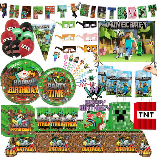 Mineres Craftings Party Decorations World Game Tableware Cup Plate Balloon Tablecloth Boys Birthday Party Supplies Kids Gift Good Vibrations