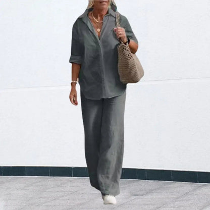 Two-piece Set Women Summer Suit Plus Size Cotton Linen Single-breasted Shirt Trousers Casual Top Wide Leg Pants Loose Outfits Good Vibrations
