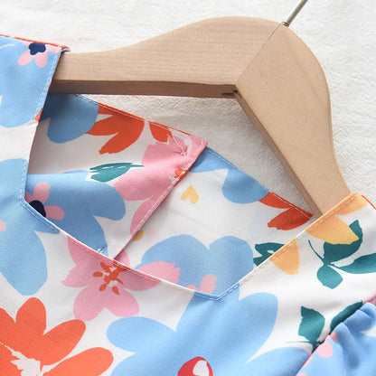 Girls Dresses 2023 Summer New Baby Girls Colourful Floral Short-sleeved Dresses 3-7 Years Old Girls Clothing Good Vibrations