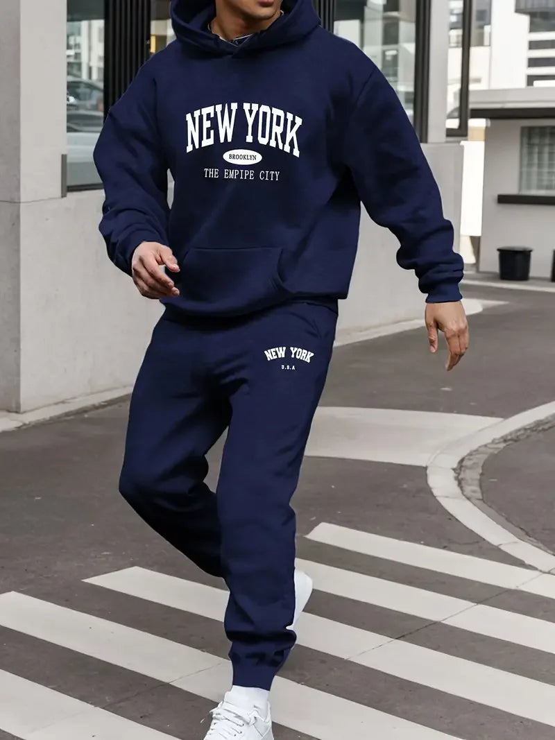 Men's Velvet Thickened Sports Set New York Letter Printed Spring and Autumn Hoodie Set Long Sleeve Casual Comfortable Pocket Hoo Good Vibrations