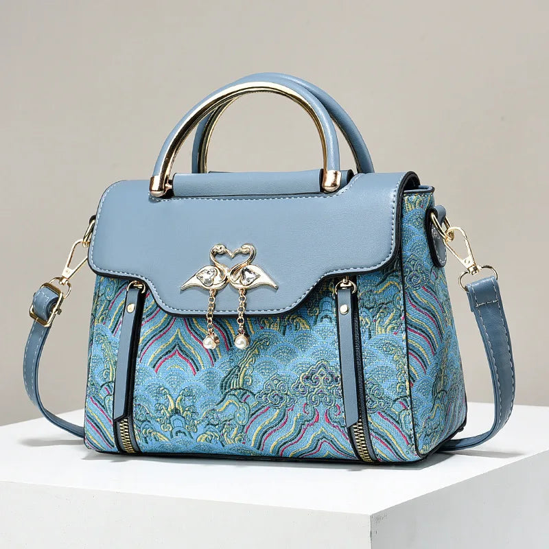 Embroidered Color-Block Handbag Women's Trendy Crossbody Bag Elegant Top-Handle Purse Fashionable Designer Shoulder Bag Lady Good Vibrations