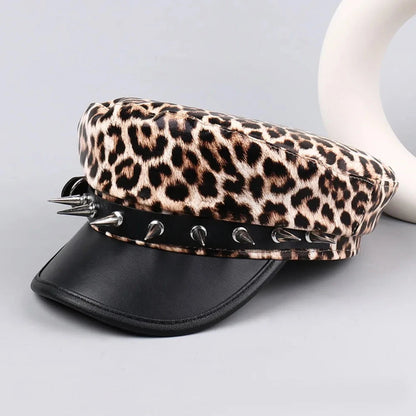 Retro Hip-hop Rivet Leopard Hat Harajuku Punk Y2k Beret Hat Gothic Silver Flat Top Cap for Girls Good Vibrations