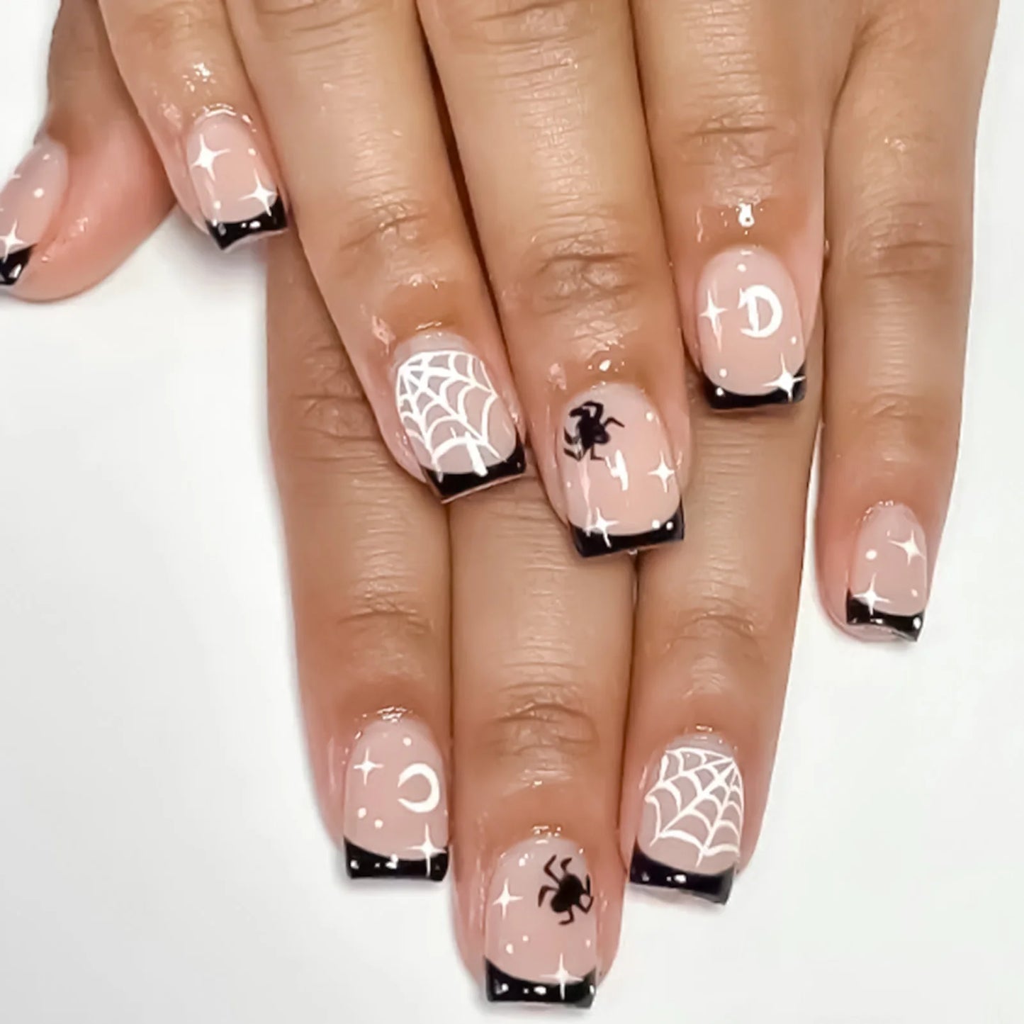 24pcs Halloween Cute Cartoon French Fake Nails Nude Pink Square Press On Nails With Pumpkin Ghost Designs Professional Nail Art Good Vibrations