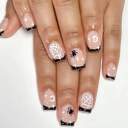 24pcs Halloween Cute Cartoon French Fake Nails Nude Pink Square Press On Nails With Pumpkin Ghost Designs Professional Nail Art Good Vibrations