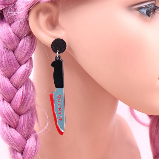 Halloween Bloody Knife Earrings Vintage Drop Earrings Inspired by Scream Movie Laser Cut Acrylic Jewelry for Gift Good Vibrations