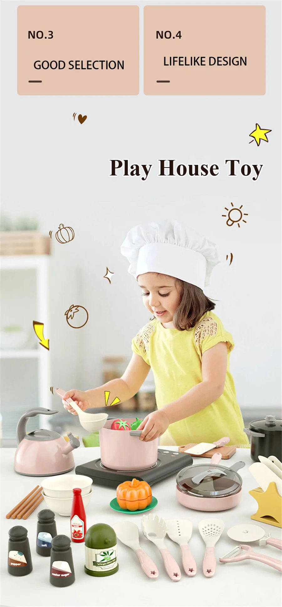 Toy Kitchen for Kids Cooking Utensils Children's Pretend Play Cutting Miniature Food Set Pot Pan Educational Unisex Novel Gift Good Vibrations