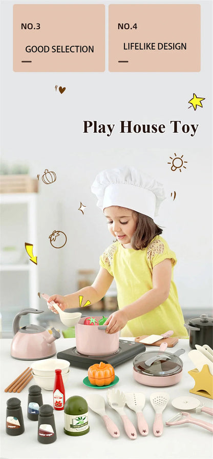 Toy Kitchen for Kids Cooking Utensils Children's Pretend Play Cutting Miniature Food Set Pot Pan Educational Unisex Novel Gift Good Vibrations