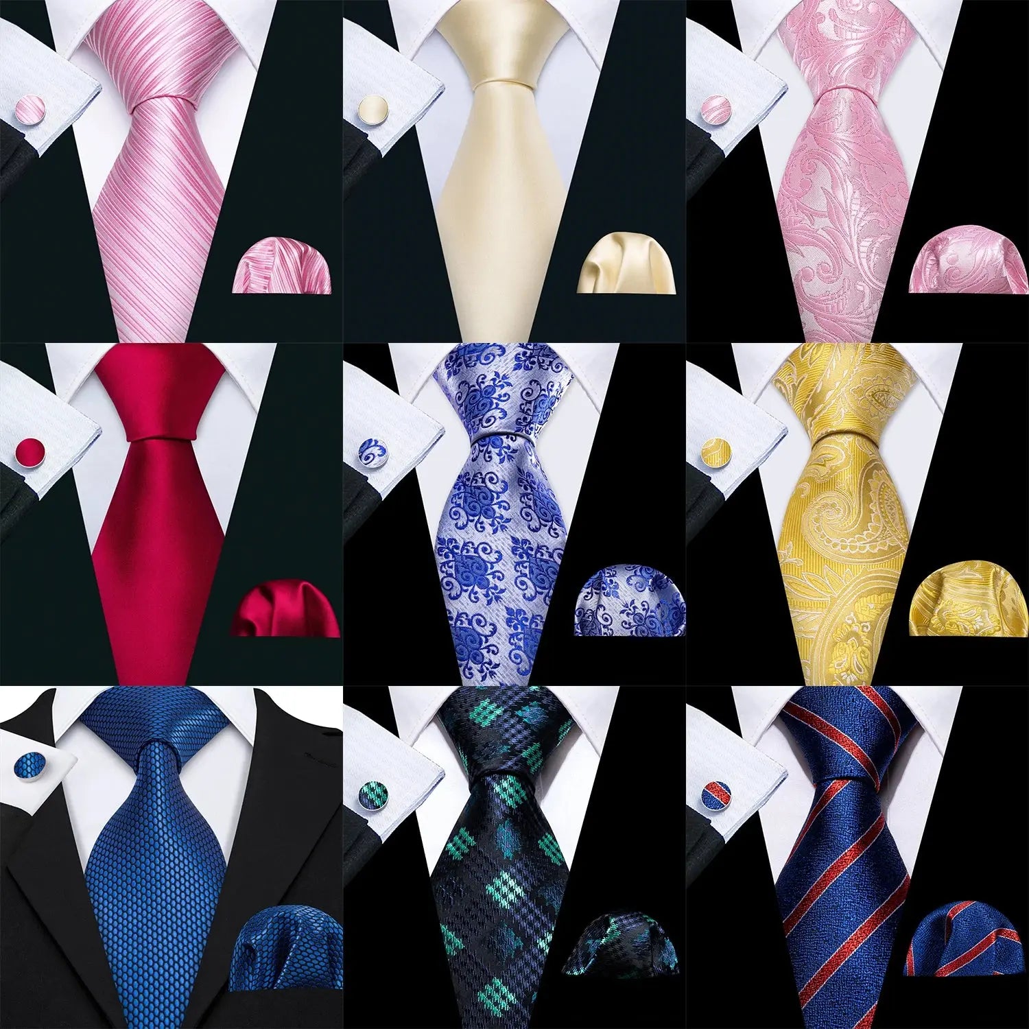 Mens Tie Ivory Red Green Blue Pink Geometric Solid Ties Hanky Cufflinks Set Necktie Formal Wedding Dinner Party Good Vibrations