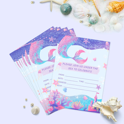 12pcs Cartoon Mermaid Shell Invitation Cards Purple Envelopes Star Stickers Girls Baby Shower Birthday Party Wedding Supplies Good Vibrations