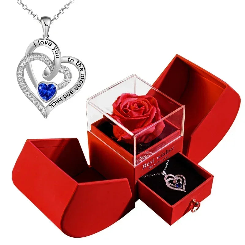 Gift for Women Eternal Rose Gift Box /w Heart Necklace I Love You To The Moon and Back Flower Jewelry Box for Wedding Birthday Good Vibrations