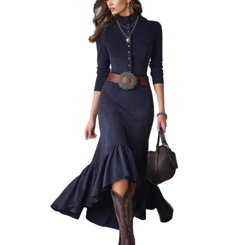 Vintage Western Style Dress Button Temperament High Neck Suede Slim Fit Irregular Hem Long Skirt with Belt Good Vibrations