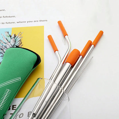 7pcs Eco-Friendly Stainless Steel Straw Set With Silicone Tips, Cleaning Brush & Storage Bag - Reusable Drinking Accessories Good Vibrations