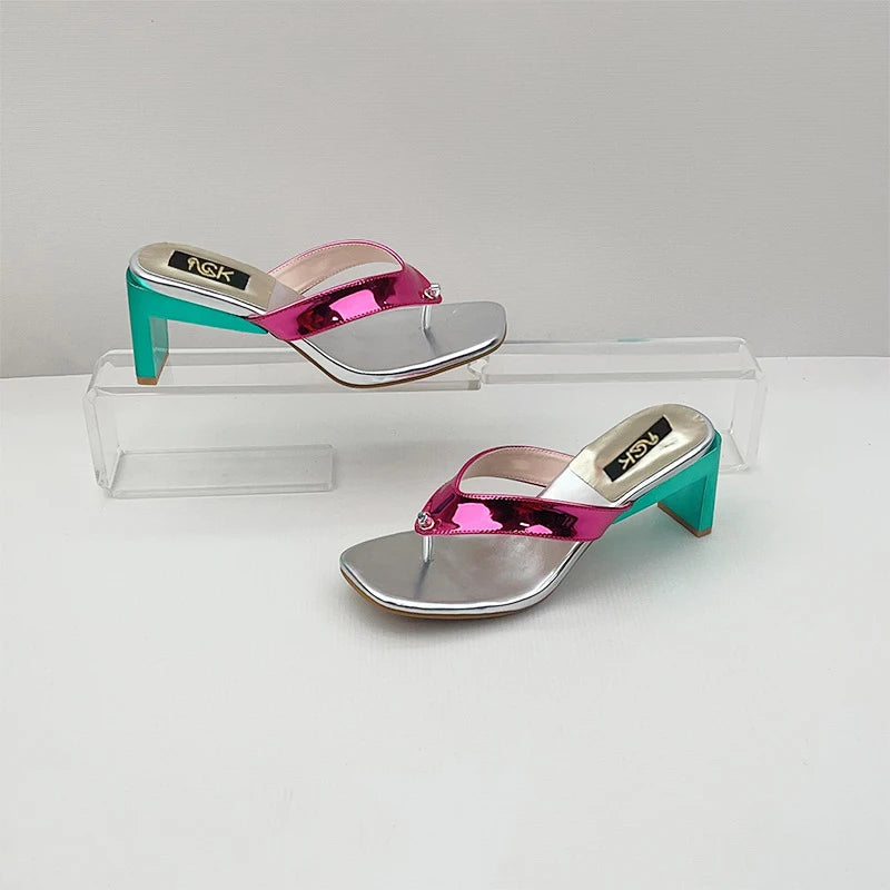 New Summer Style European and American Style Thong Sandals - Fashionable Women's Square Toe Plus Size Chunky High Heel Slippers Good Vibrations