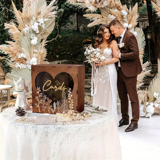 Brown Wedding Card Box for Reception with Heart Acrylic Window, Vintage Wooden Gift Card Box for Wedding for Graduation Birthday Good Vibrations