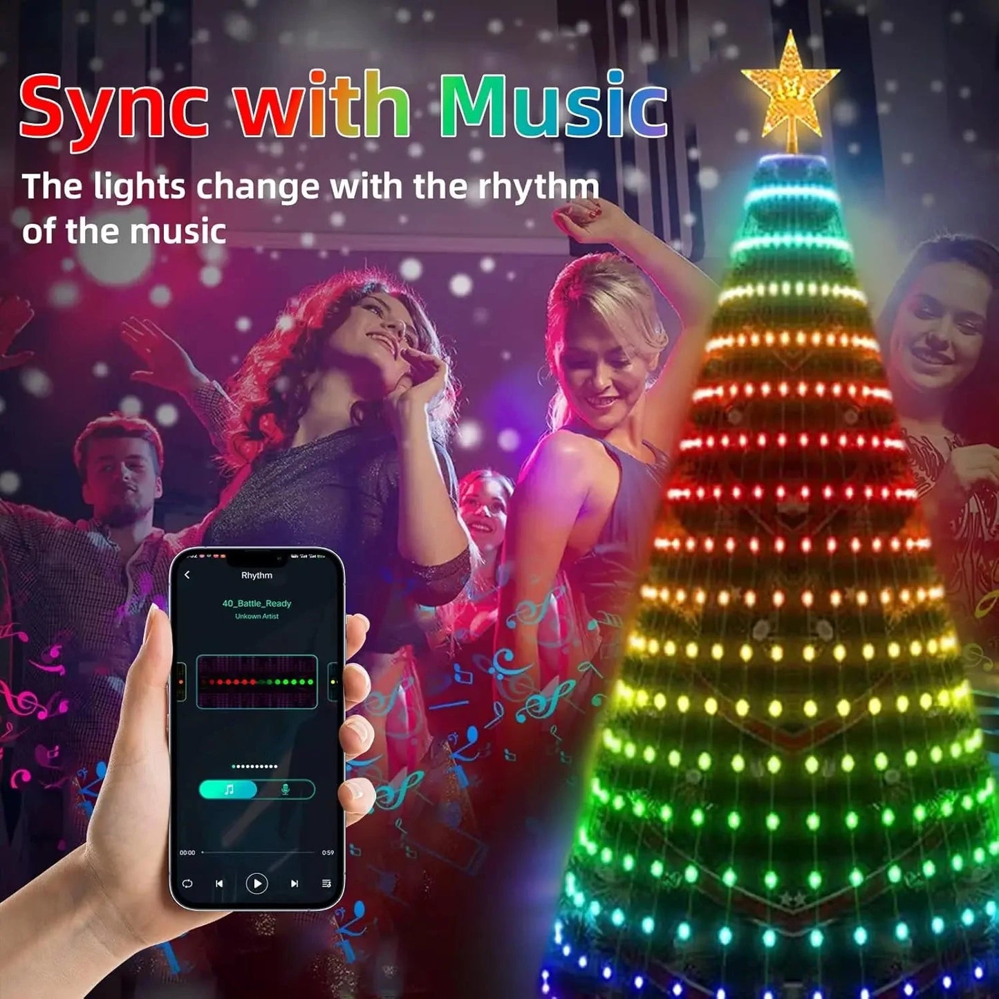 Smart Christmas Tree Lights with Star Topper, Music Sync Outside String Lamps with Remote & APP Controlled for Yard Display Good Vibrations