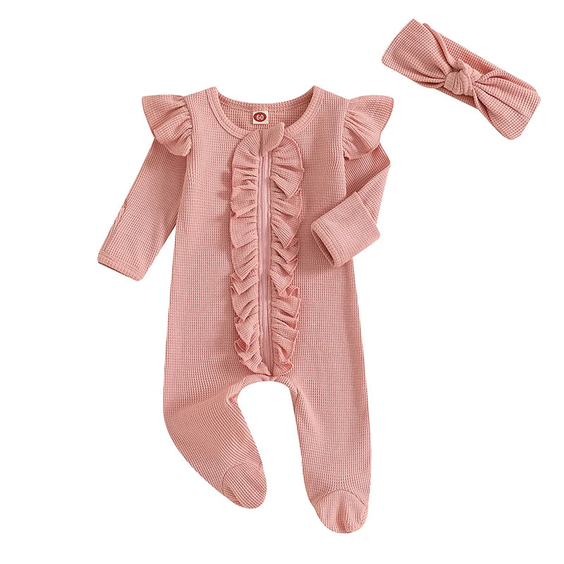 Spring Autumn Baby Toddler Girls Jumpsuit Infant Newborn Baby Girls Long Sleeve Crew Neck Ruffles Footies Rompers Baby Clothes Good Vibrations
