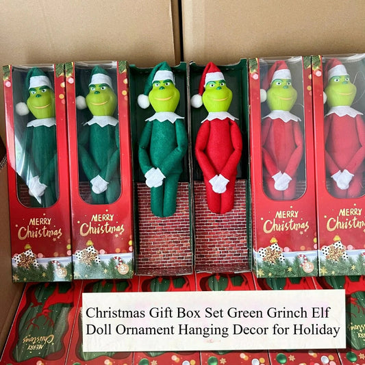 Christmas Gift Box Set Green Grinch Elf Doll Ornament Hanging Decor for Holiday Good Vibrations